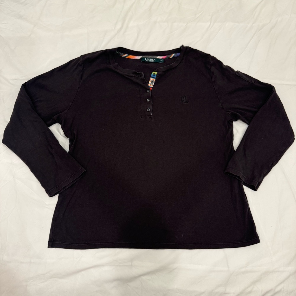 Lauren Ralph Lauren XL Black Henley Striped Trim Pocket Long Sleeve Cotton Shirt